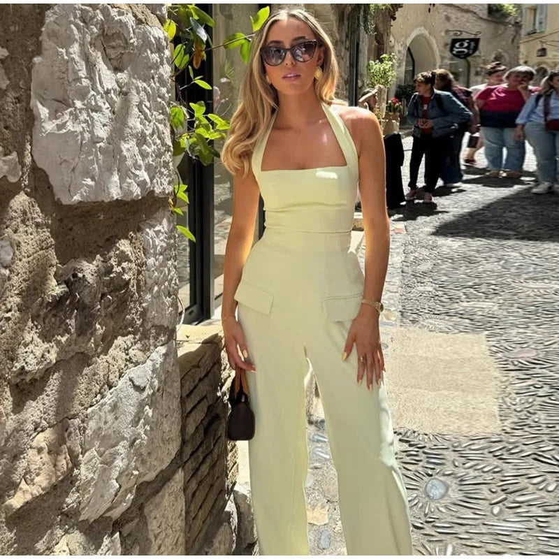 Square Collar Halter Top and Long Pant Suit