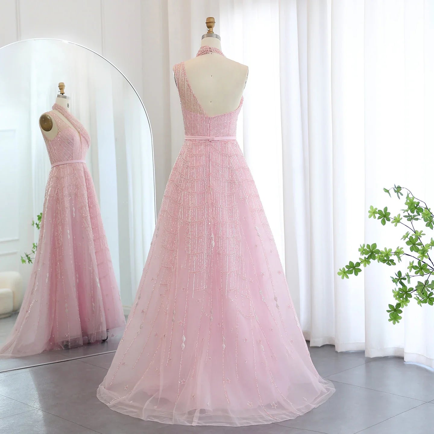 Beaded Lilac Halter Neck Evening Gown