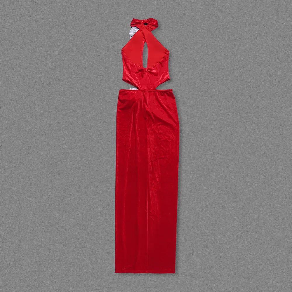 Red Velvet Maxi  3D Flower Evening Gown
