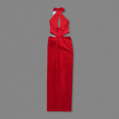 Red Velvet Maxi  3D Flower Evening Gown