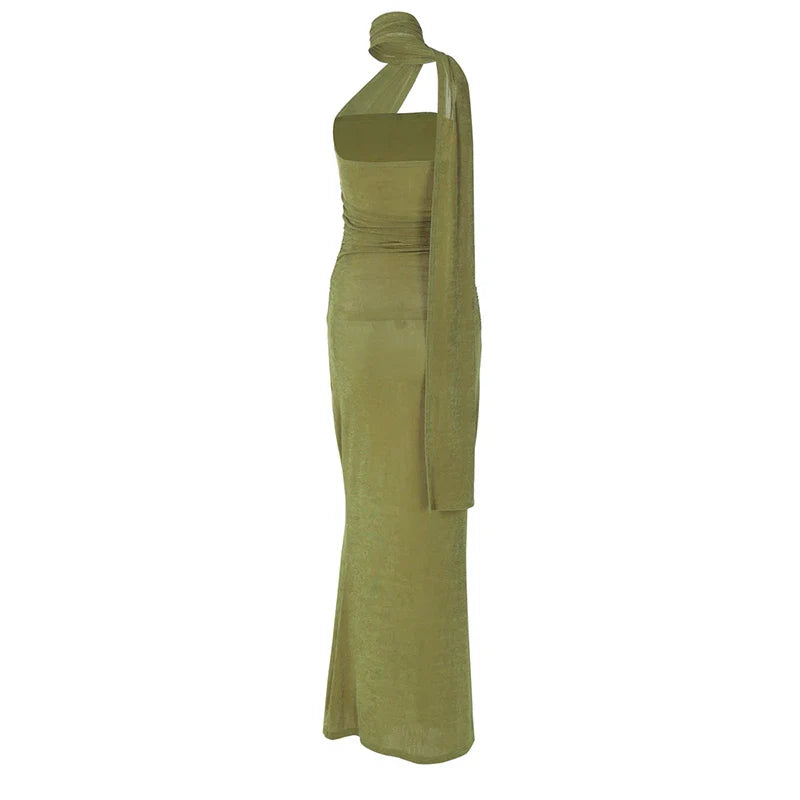 Halter Green Off-shoulder Backless Long Dress