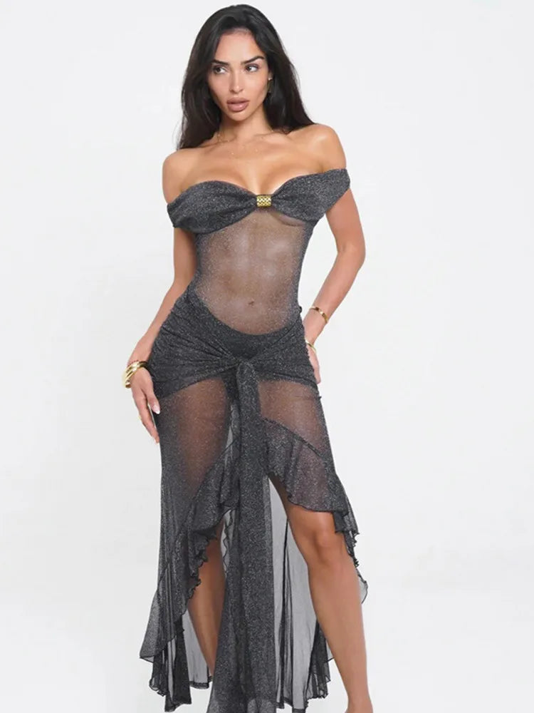 Mesh Ruffled Gray Off-shoulder Long Dress