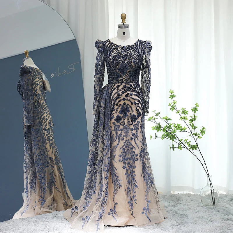 Mermaid Overskirt Long Sleeves Evening Dress