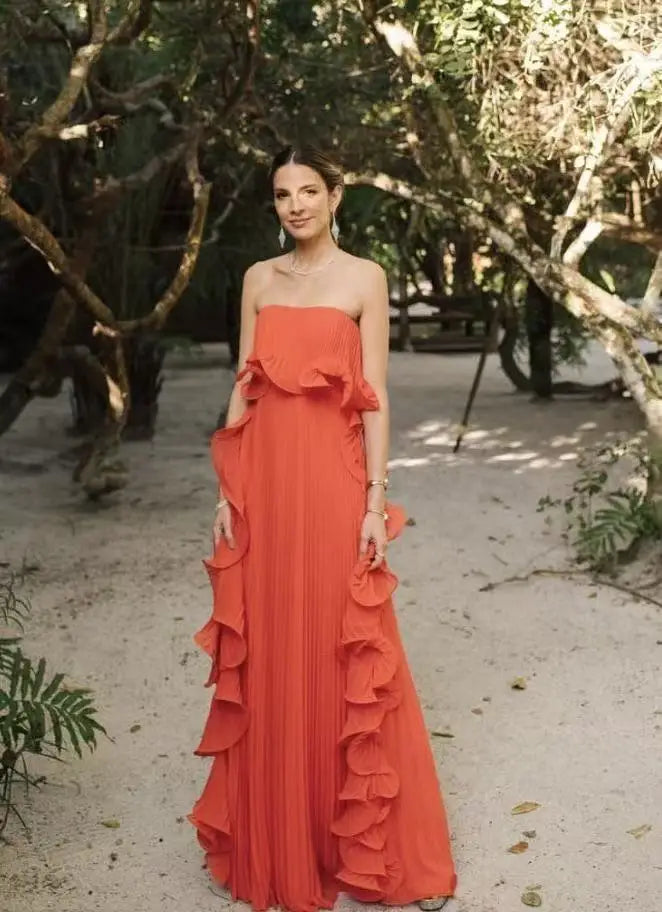 Pleated Chiffon Long Ruffled Strapless Dress
