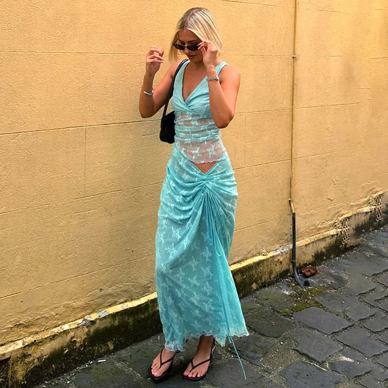 Elegant Summer Lace V-Neck 2-Piece Maxi Skirt Set