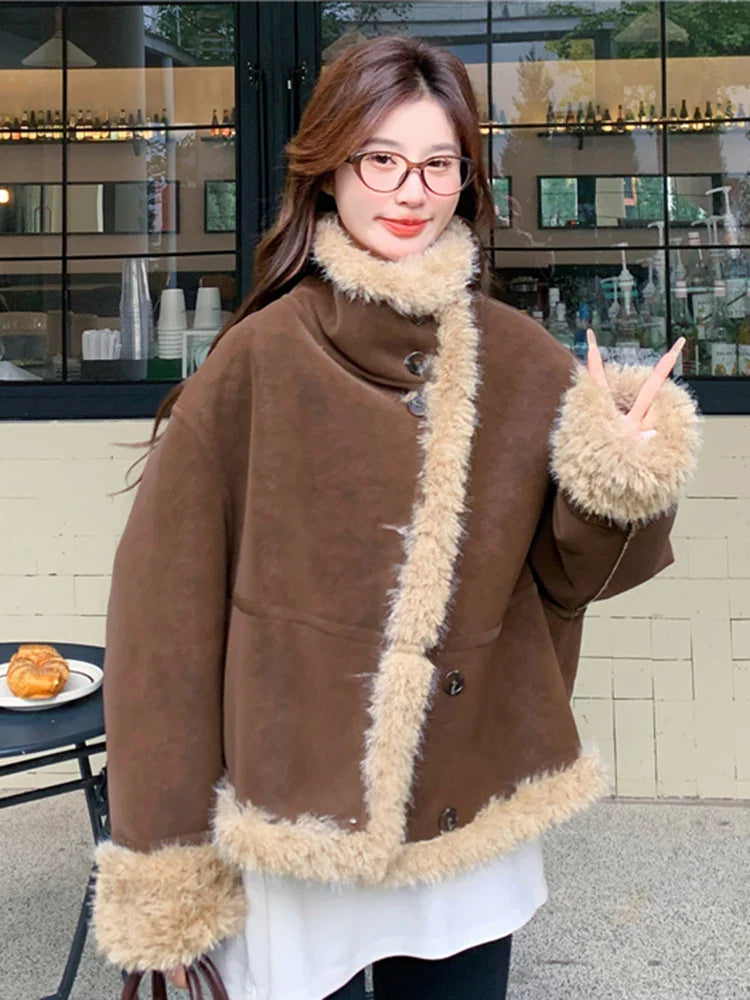 Lapel Full Sleeves Spliced Faux Leather Coat