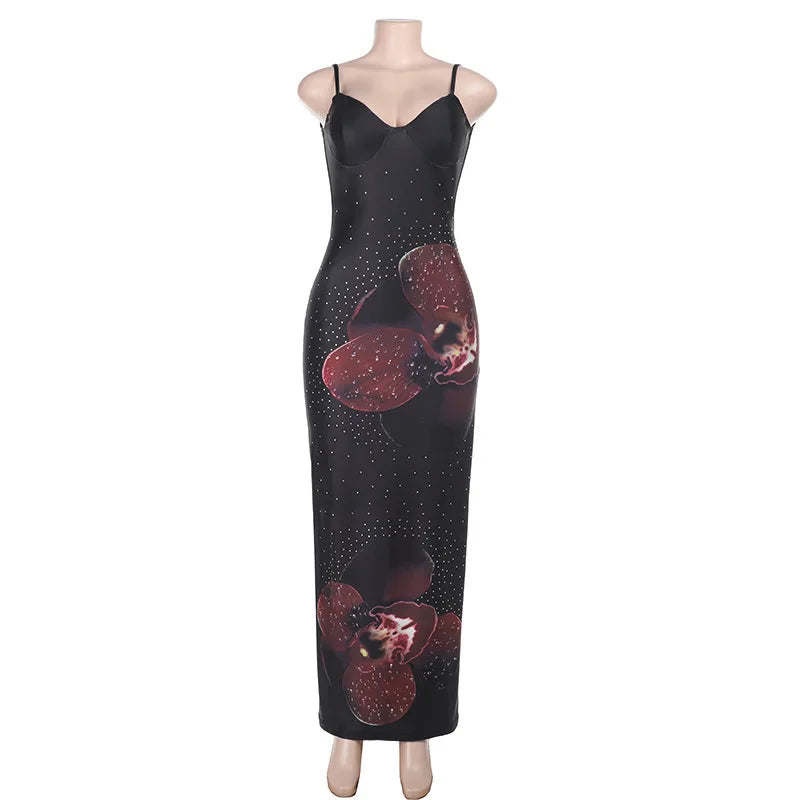 Printed Spaghetti Strap Backless Maxi Party Dress