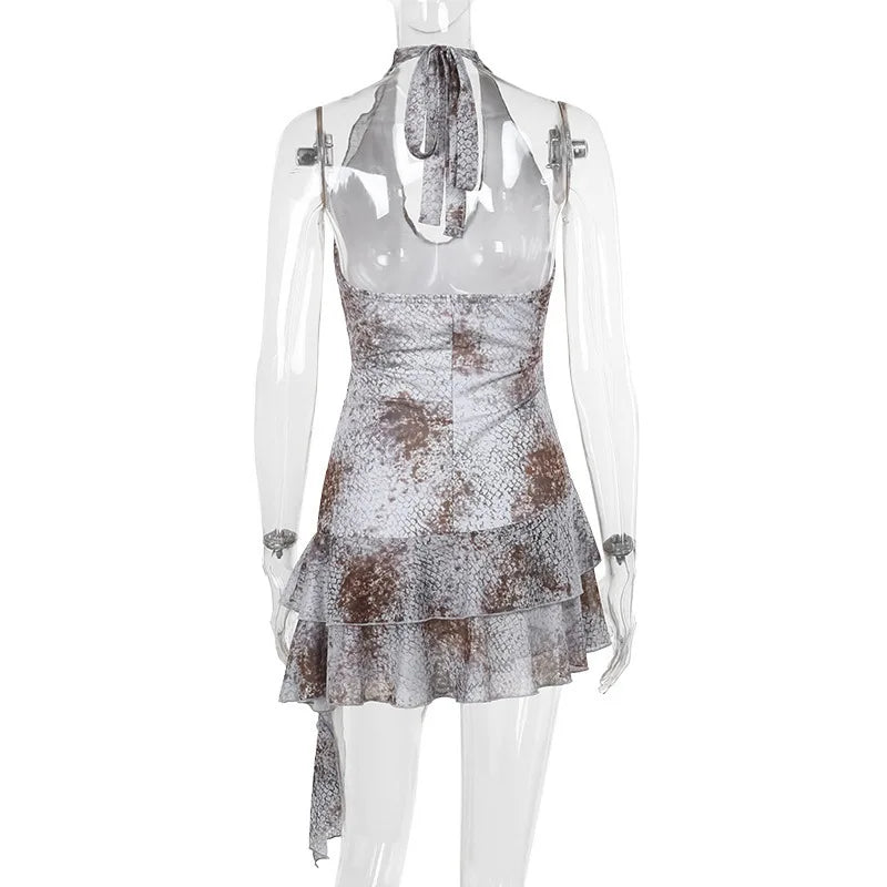 Mesh Printed Ruffle Backless Bodycon Mini Summer Dress