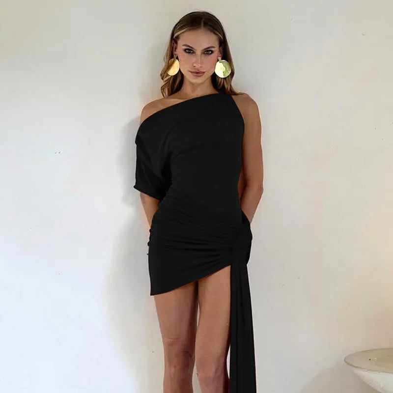 Oblique-Shoulder Backless Irregular Draped Dress