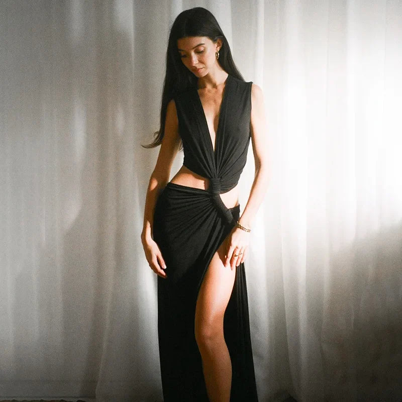 Deep V Cut Out Slit Asymmetrical Long Dress