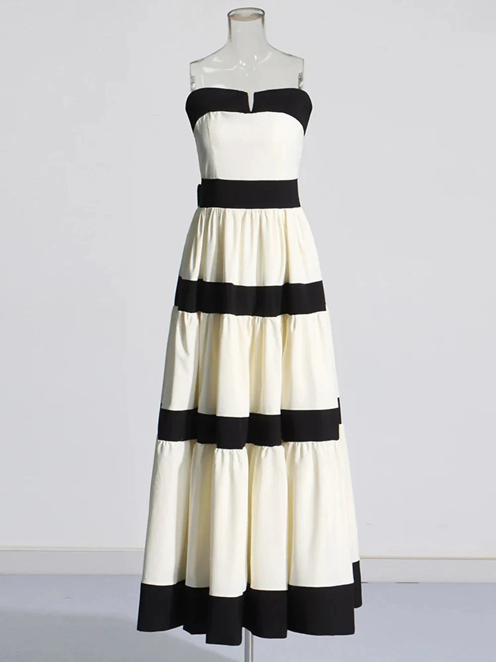 Colorblock Patchwork Bow Strapless Long Dress