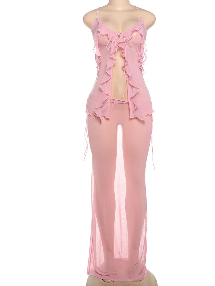 Mesh Irregular Ruffles Backless Tops and Long Skirts Suits
