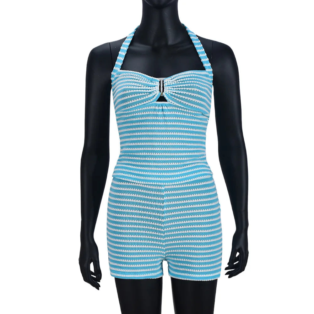 Color-Block Striped Knit Shorts and Crop Halter Top Set