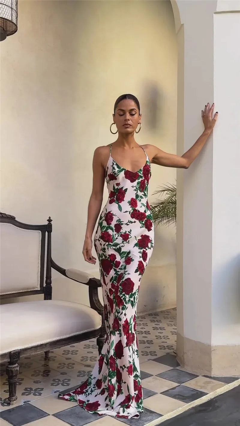 Halter Backless Print Sleeveless High Waist Long Dress