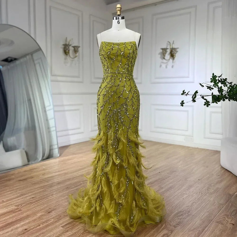 Spaghetti Strap Mermaid Feathers Beaded Prom Dress