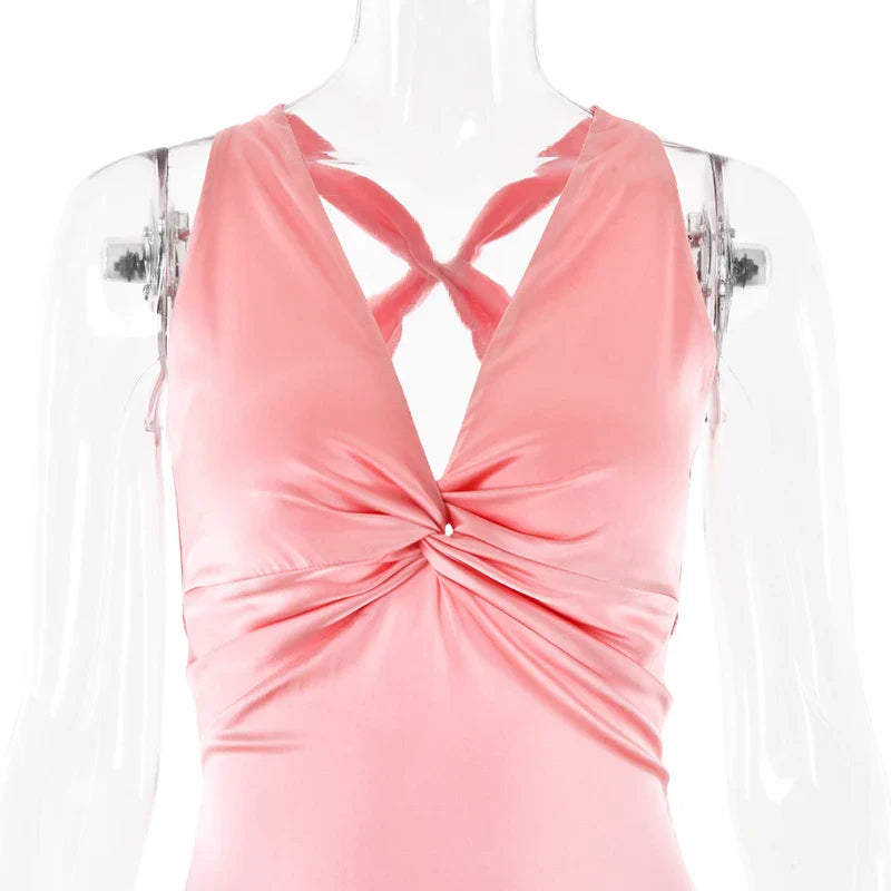 V Neck Sleeveless Satin Bow Backless Maxi Dress
