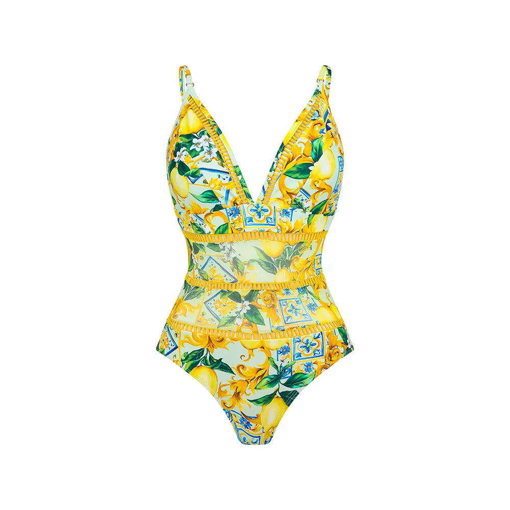One Piece Swimsuit Floral Ruffle Printed Push-Up Bikini Set