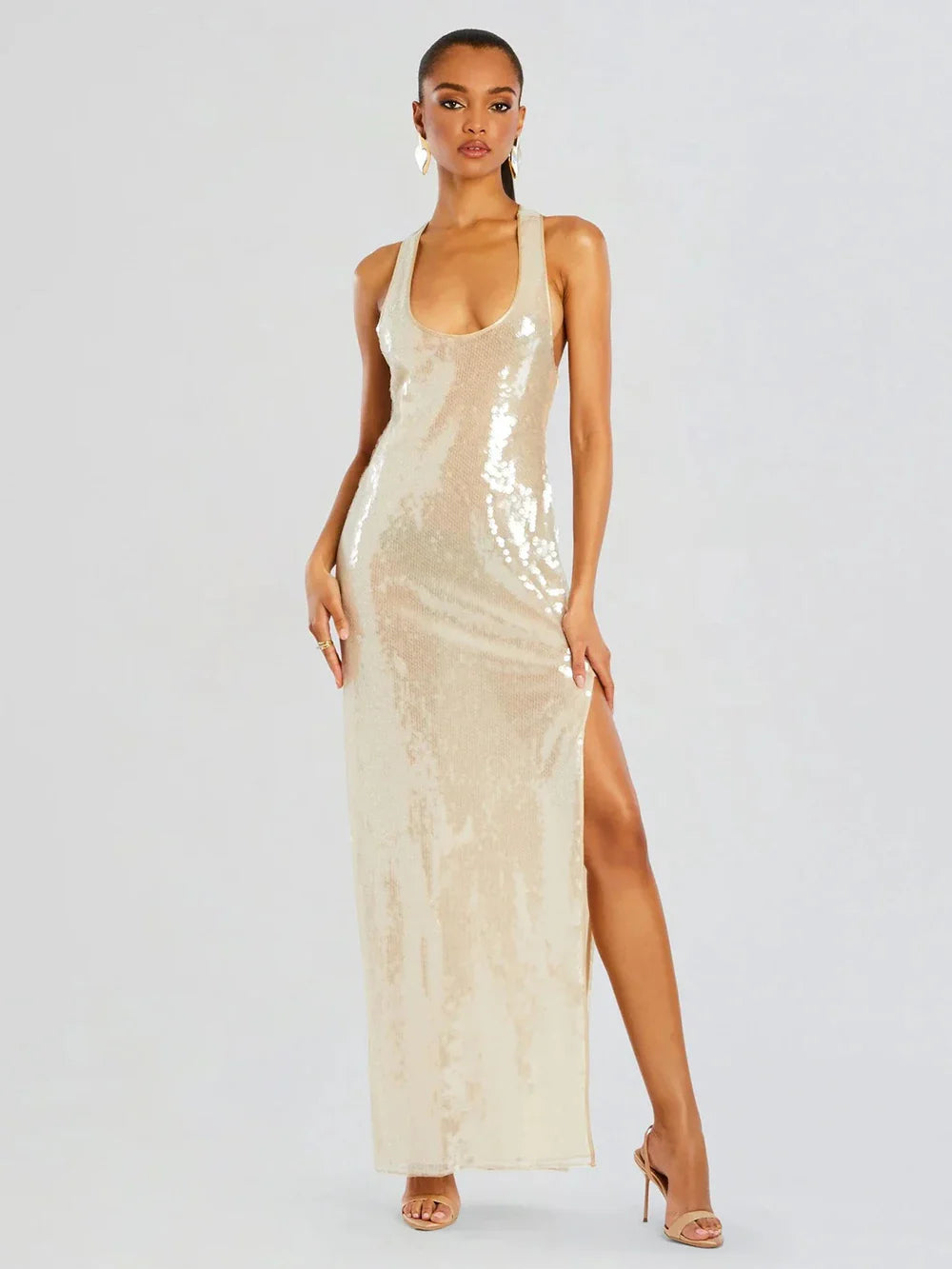 Women's Bling Glitter Sequin Transparent Maxi Dress