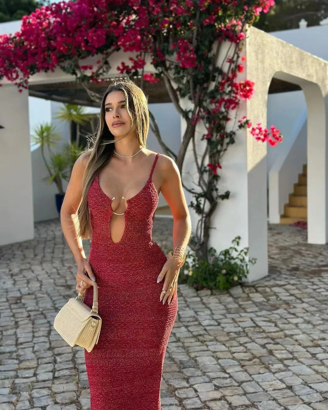 Shiny Silk Knit Metal Ring Bodycon Dress
