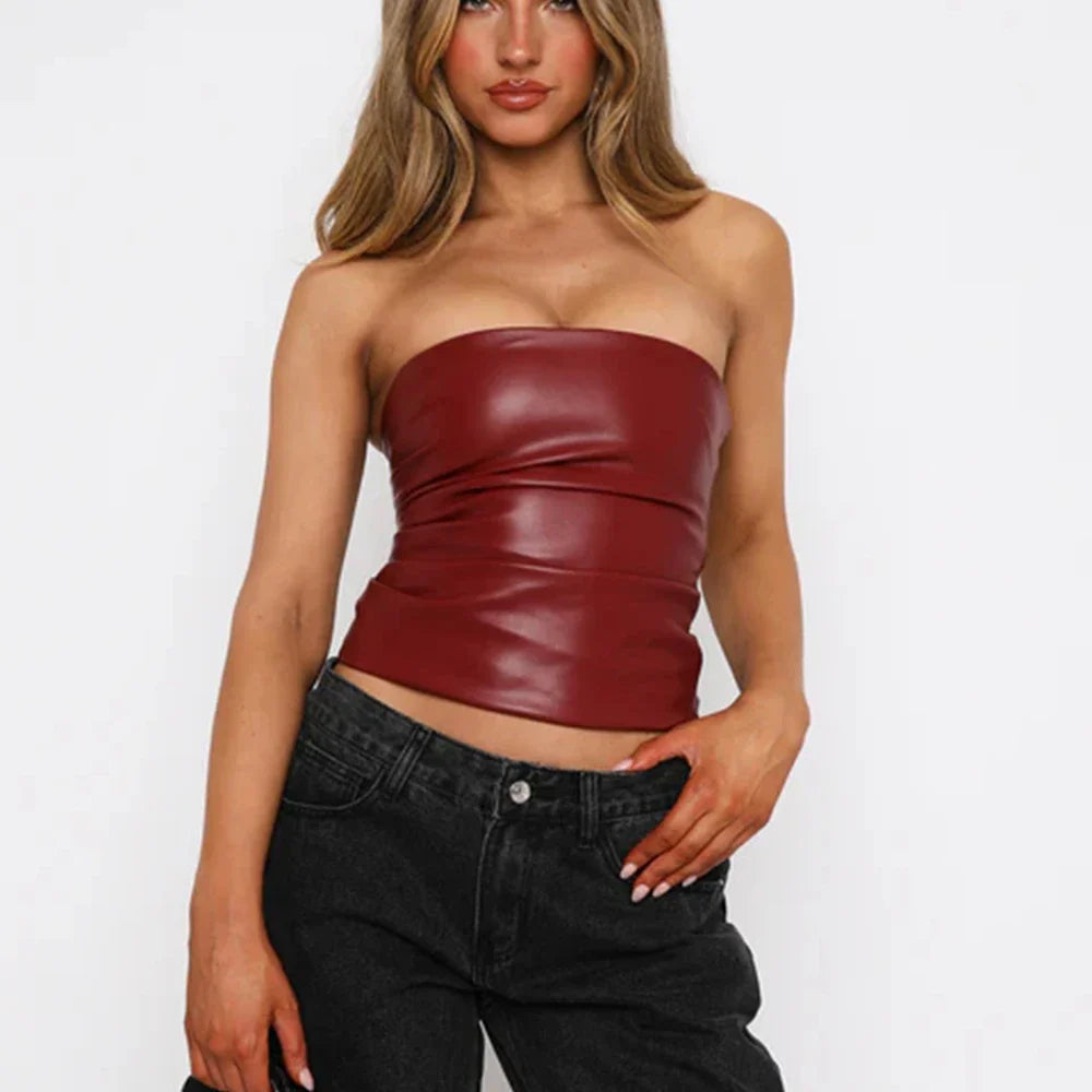 PU Leather Strapless Pleated Tube Top