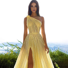 One-Shoulder Cape Sleeve Beaded Evening Dresses