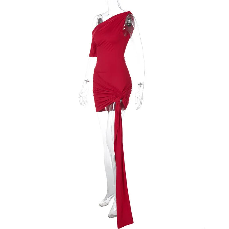 Oblique-Shoulder Backless Irregular Draped Dress