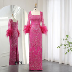 Fuchsia Feather Modest Long Sleeves Evening Gown