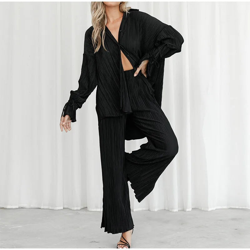 2 Piece Set Blouse Tops and Split Wide Leg Pants