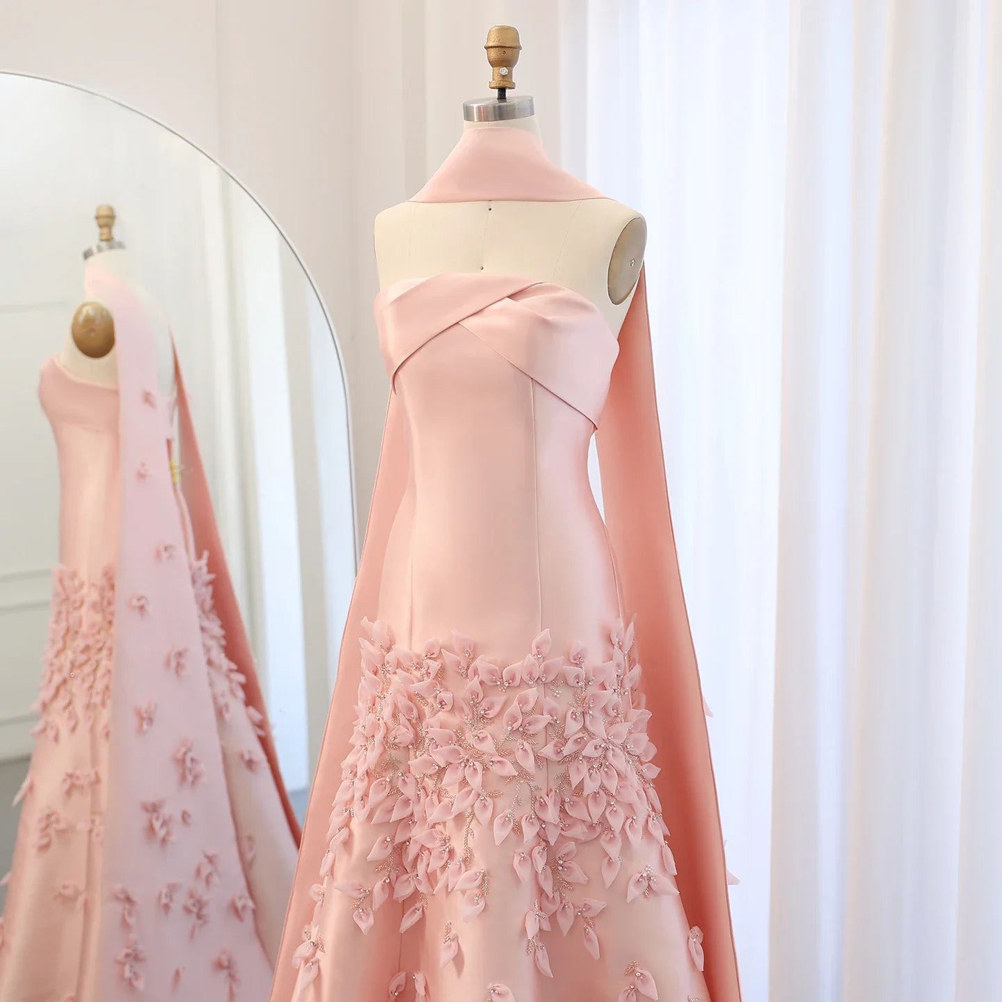 Blush Pink Mermaid Evening Gown with Cape