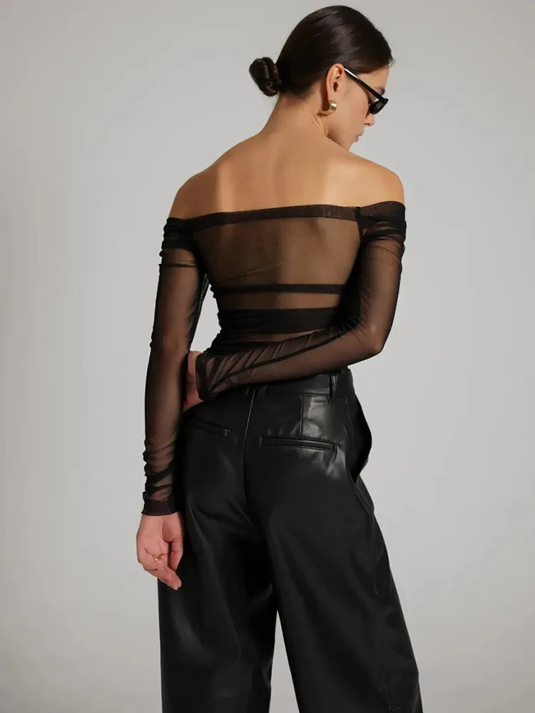 Mesh Off-shoulder Pleated Bust Strapless See Through Top
