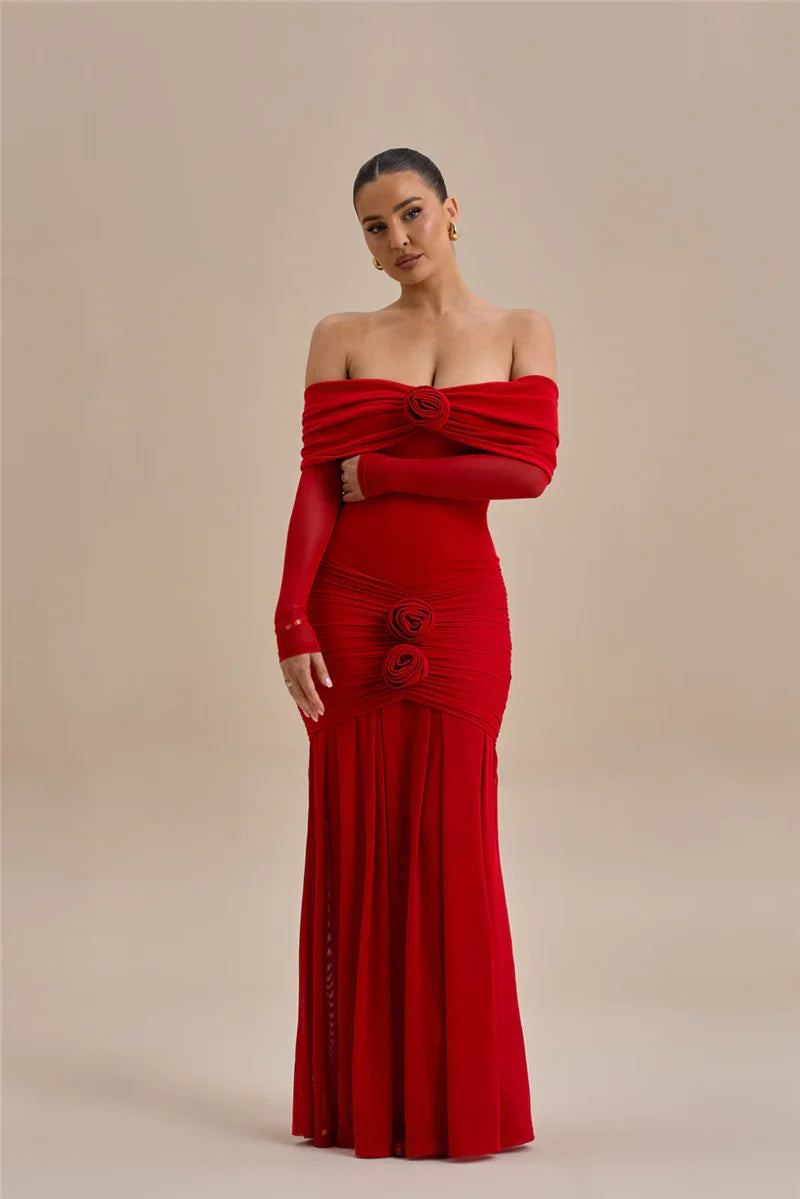 Off-shoulder Strapless Rose Long Sleeve Dress