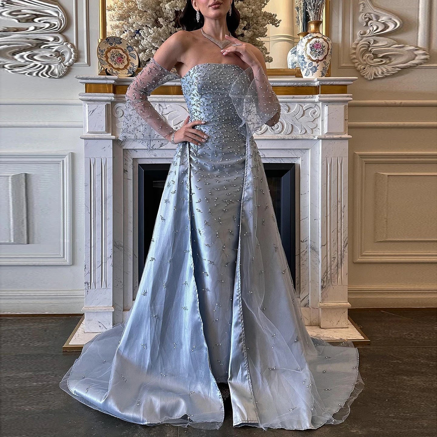 Silver Gray Evening Dress with Overskirt