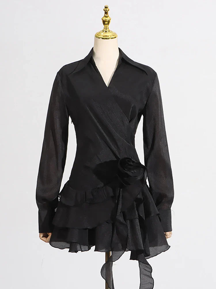 Appliques Ruffles Draped Long Sleeve Dress