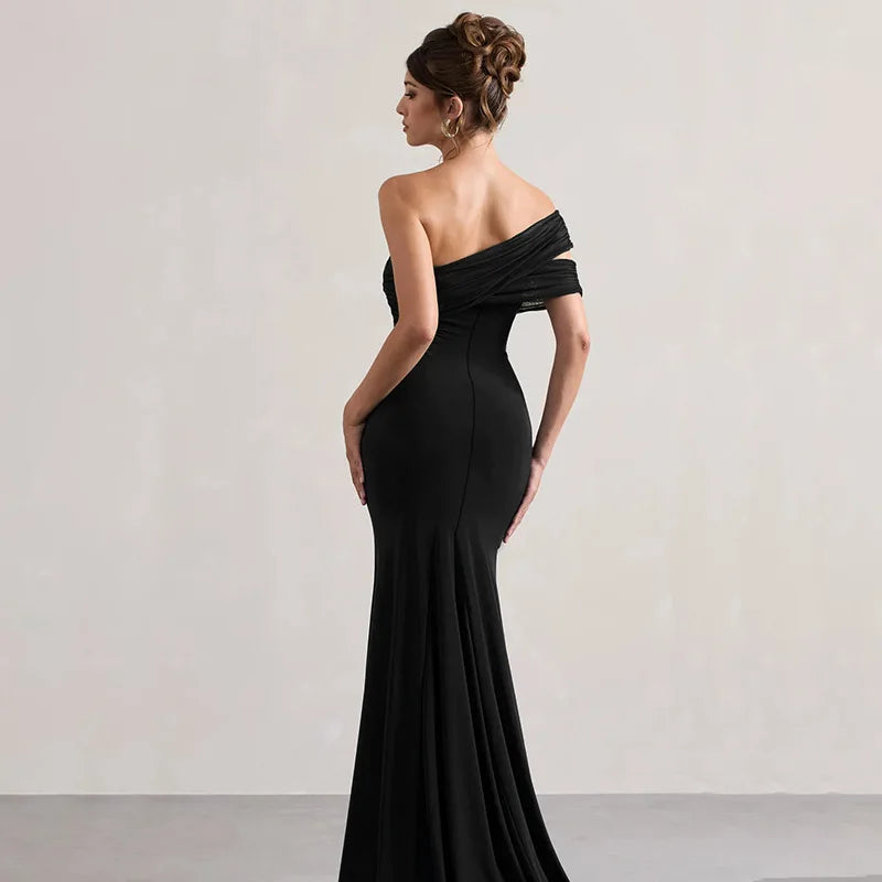 Solid One Shoulder Mesh Slit Long Dress