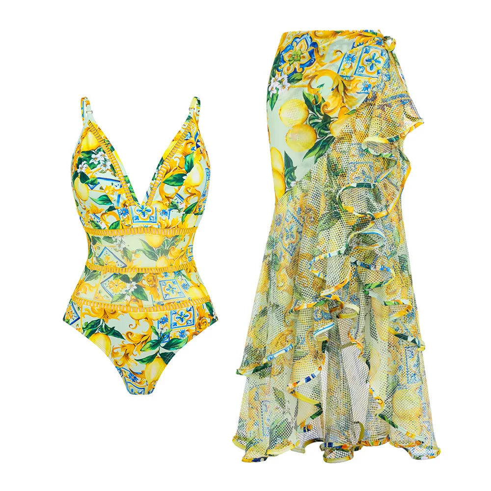 One Piece Swimsuit Floral Ruffle Printed Push-Up Bikini Set