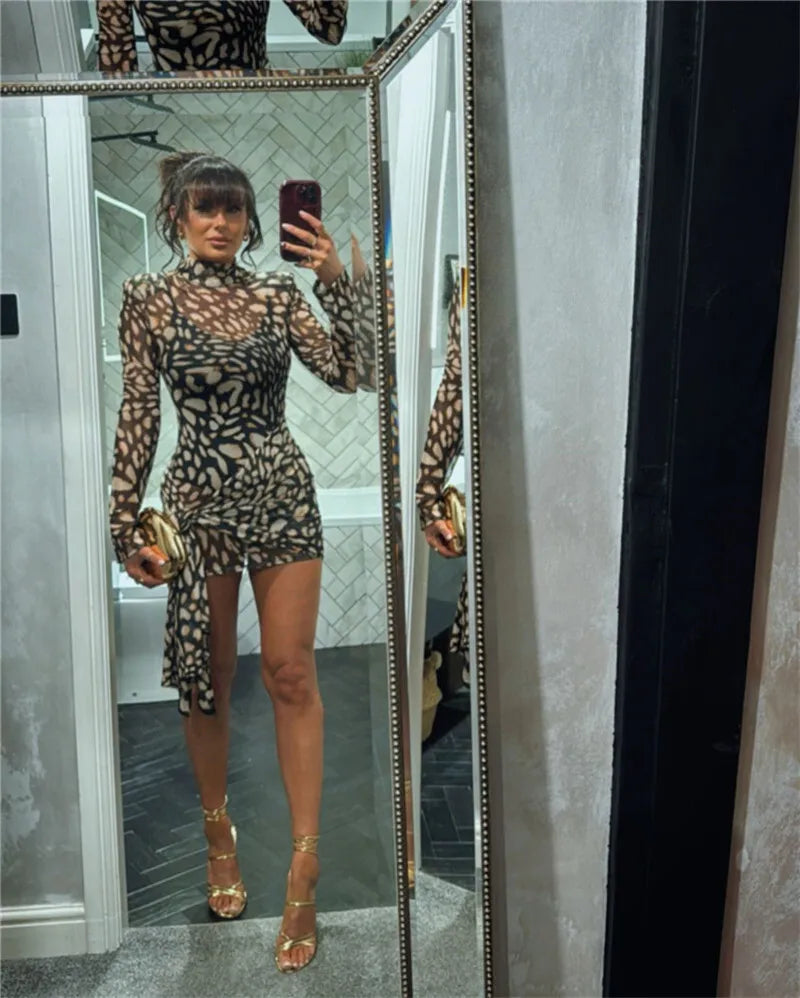 Mesh Leopard Print Turtleneck Mini Dress
