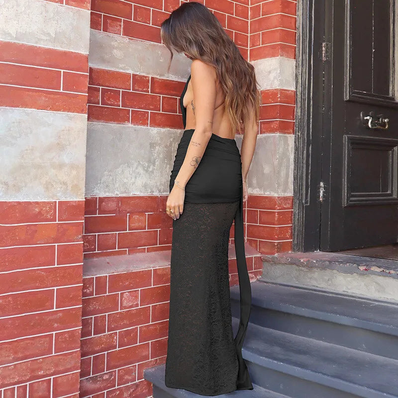 Halter Deep V Neck Lace Sleeveless Long Dress