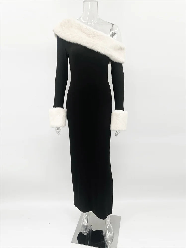 Fluffy Long Sleeve Off-Shoulder Patchwork Dress