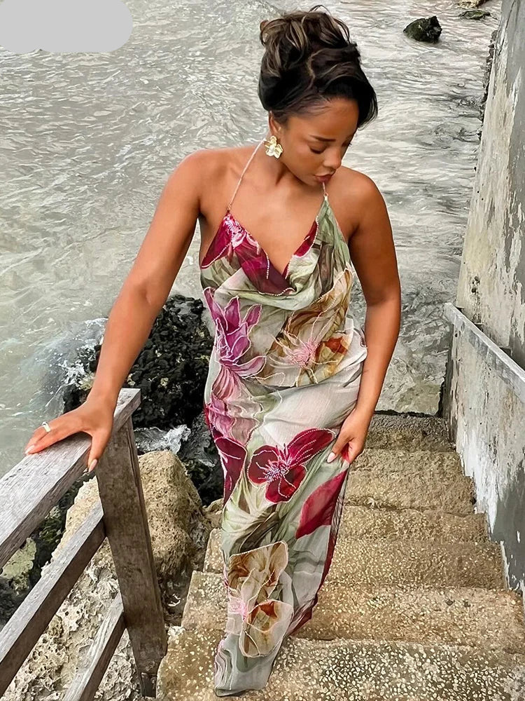 Floral Print Backless Halter Dress with Split for Women