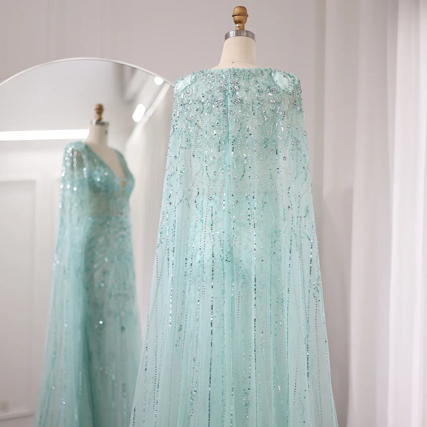 Silver-Gray Mermaid Evening Gown with Cape
