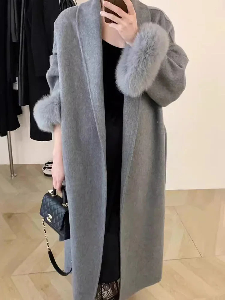 Lace-Up Fur Fluffy Lapel Long Sleeve Overcoat