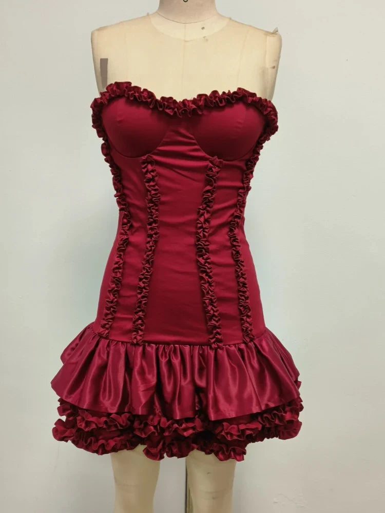 Red Ruffles Strapless Mini Dress