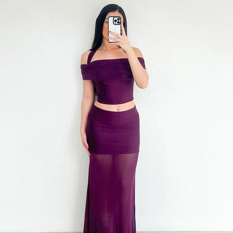 Purple Mesh Two-Piece Set with Sheer Halter Top and Long Skirt