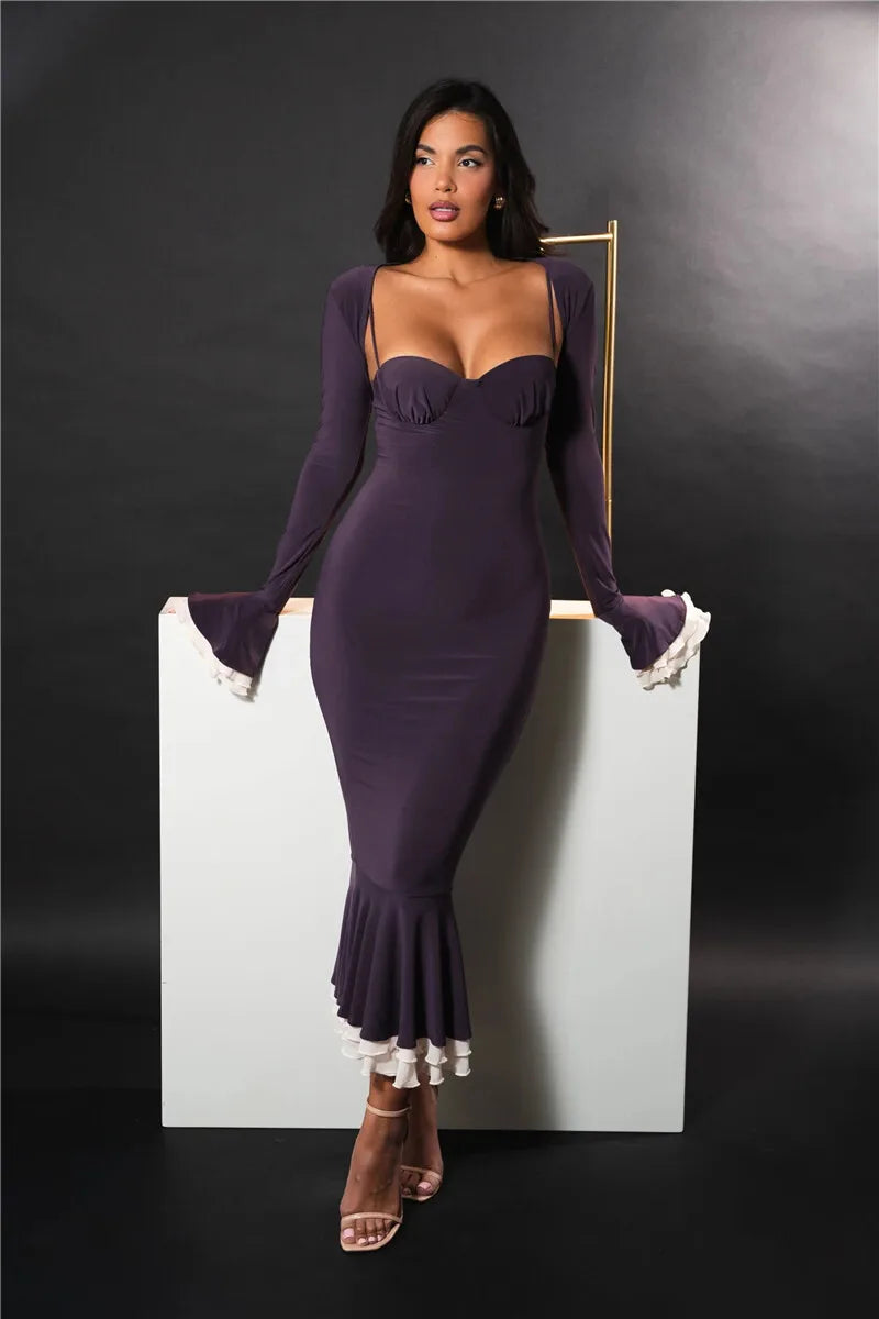 Patchwork Square Collar Evening Fishtail Dress