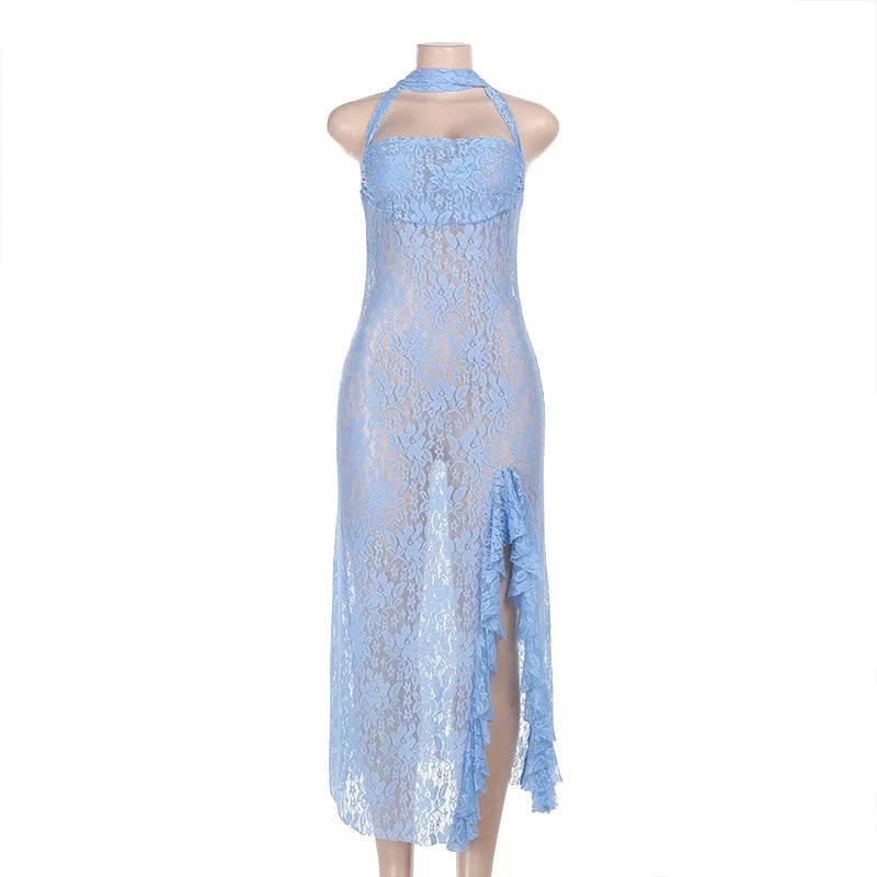 Sheer Lace Sash Halter Neck Ruffle Hem Dress