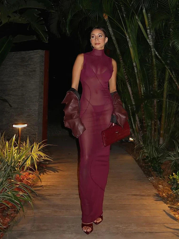 Mesh Sheer Sleeveless Stand Collar Maxi Dress