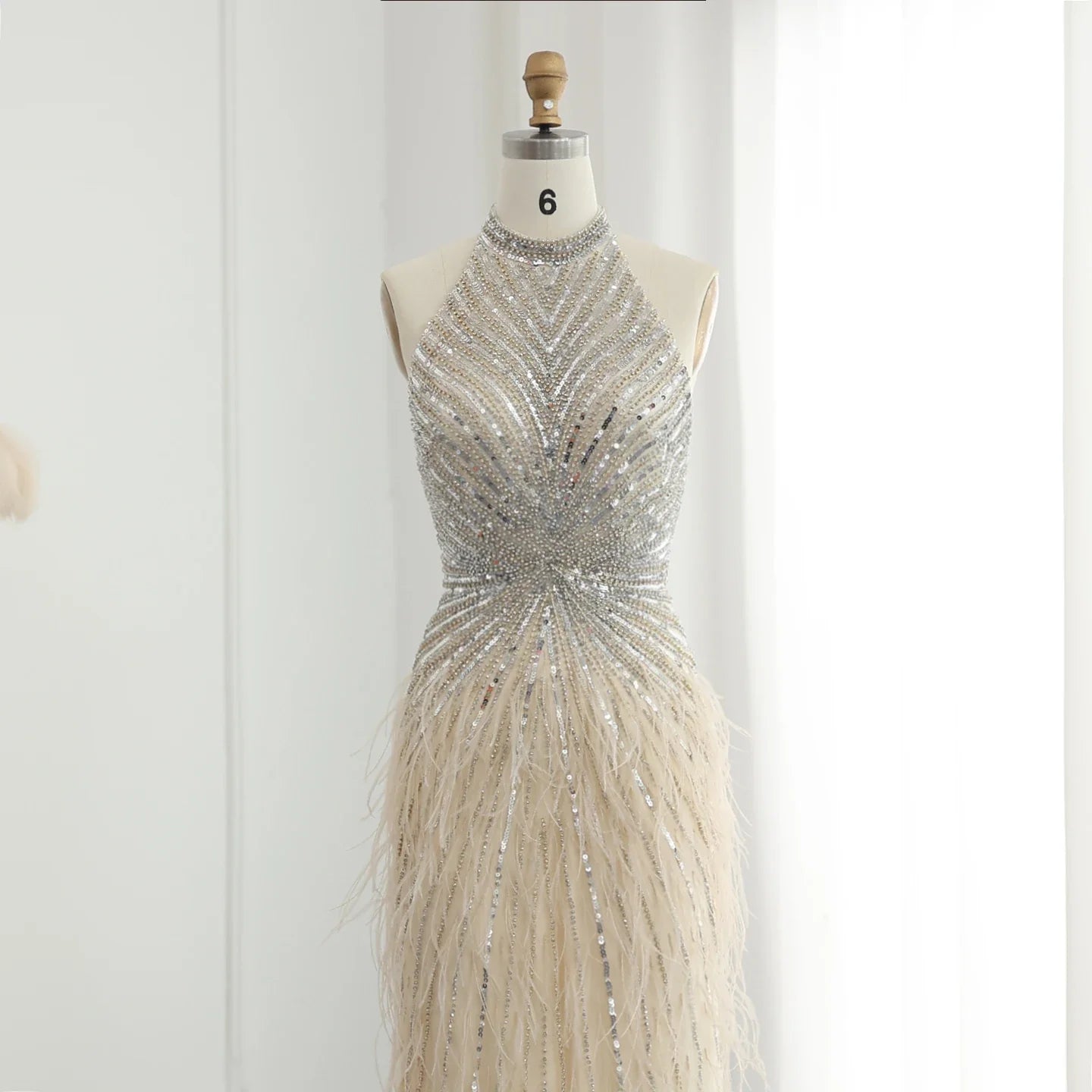 Beaded Feathers Mermaid Halter Backless Gown