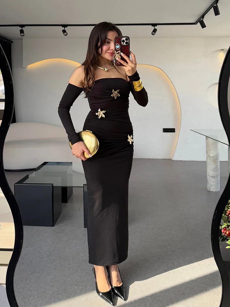 Metal Buckle Off-shoulder Backless Long Dress