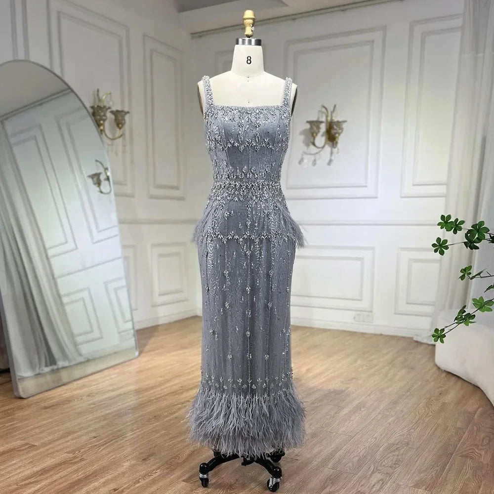 Silver Gray Mermaid Evening Dresses With Cape Feather