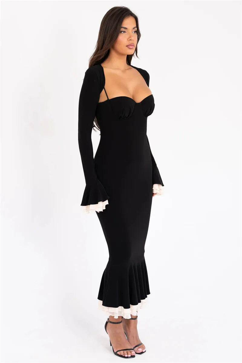 Patchwork Square Collar Evening Fishtail Dress